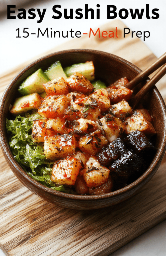 Vibrant sushi bowl in a white ceramic bowl: sticky sushi rice base topped with diced raw salmon, bright orange masago, thin avocado slices, shiny edamame, shredded cucumber ribbons, and a drizzle of eel sauce with sesame seeds scattered on top. Plated on a light wooden cutting board with a small soy sauce dish on the side.