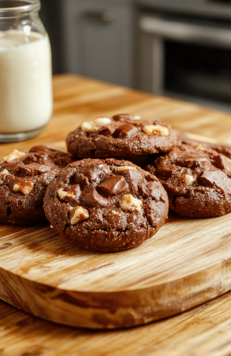A batch of thick, chewy chocolate walnut cookies with golden-brown edges, cracked surfaces revealing melted chocolate chips and walnut pieces, dusted lightly with powdered sugar, sitting on a rustic wooden board beside a glass of milk