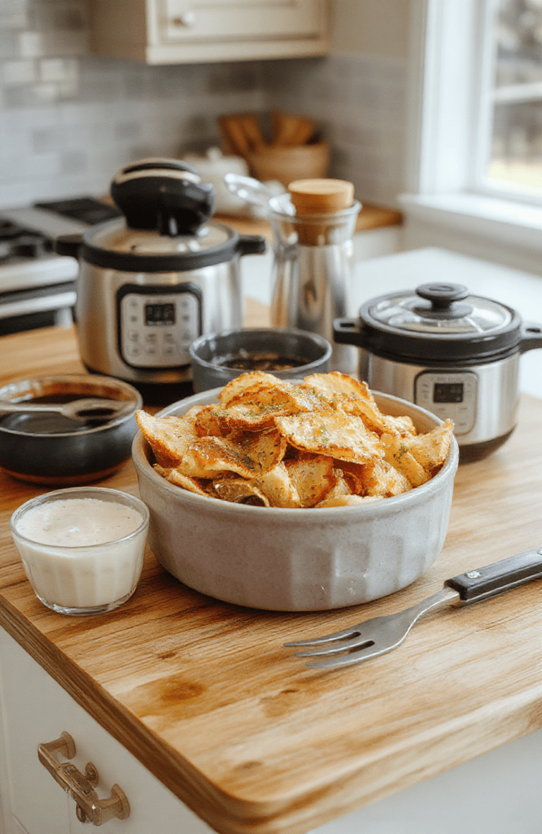 A tidy wooden countertop displays sleek modern kitchen essentials: silicone spatulas, chef's knife, microplane grater, digital thermometer, silicone baking mats, and a stainless-steel whisk arranged neatly beside fresh herbs and citrus. Warm natural light casts soft shadows, highlighting glossy metal and vibrant green accents.