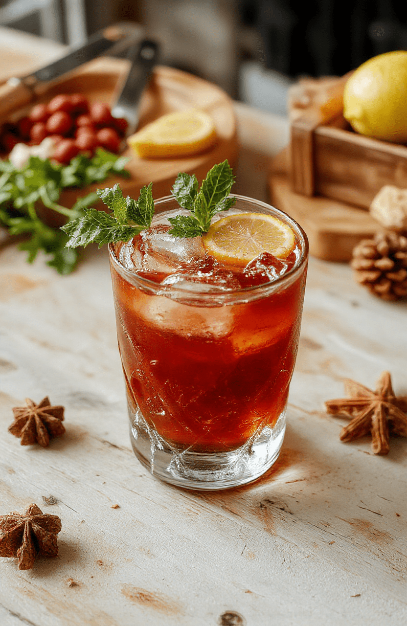 A vibrant red festive margarita in a decorative rimmed glass with a cinnamon-sugar edge, garnished with a cinnamon stick and dried orange slice, placed on a rustic wooden table amidst pinecones, holly berries, and soft fairy lights, with soft natural daylight and shallow depth of field.