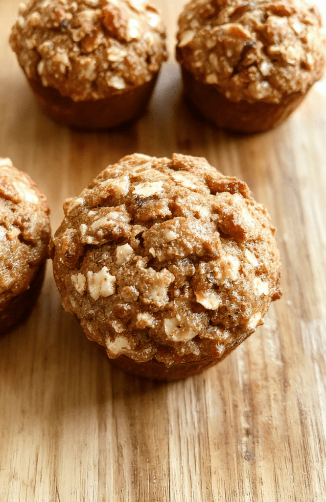 Golden-brown,-domed banana oatmeal muffins with subtle cracked tops, studded with visible oat flakes and banana chunks, cooling on a wire rack beside a glass of milk and a sprig of fresh mint on a rustic wooden table.