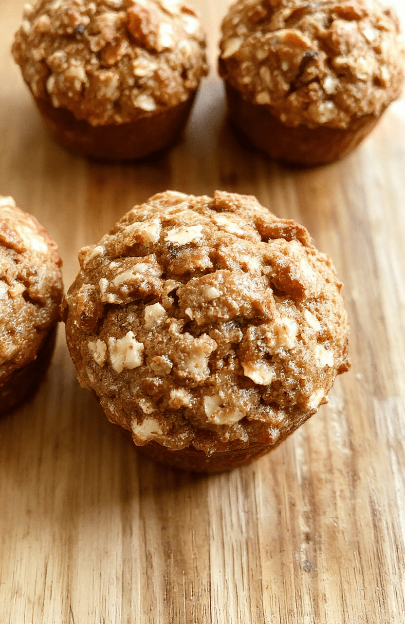 Golden-brown,-domed banana oatmeal muffins with subtle cracked tops, studded with visible oat flakes and banana chunks, cooling on a wire rack beside a glass of milk and a sprig of fresh mint on a rustic wooden table.