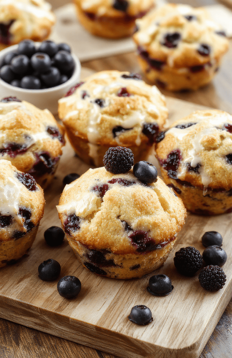 Golden-brown, domed blueberry muffins on a wire cooling rack, flecked with visible bursts of juicy blueberries and a lightly sugared crust, resting on a rustic wooden board with soft natural light and faint shadows, no props, minimal styling, fresh and home-baked look.