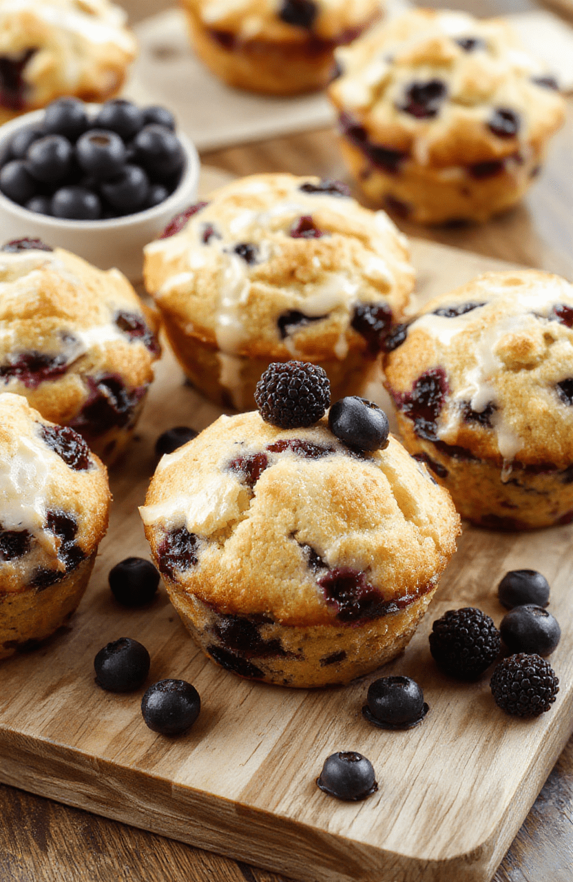 Golden-brown, domed blueberry muffins on a wire cooling rack, flecked with visible bursts of juicy blueberries and a lightly sugared crust, resting on a rustic wooden board with soft natural light and faint shadows, no props, minimal styling, fresh and home-baked look.