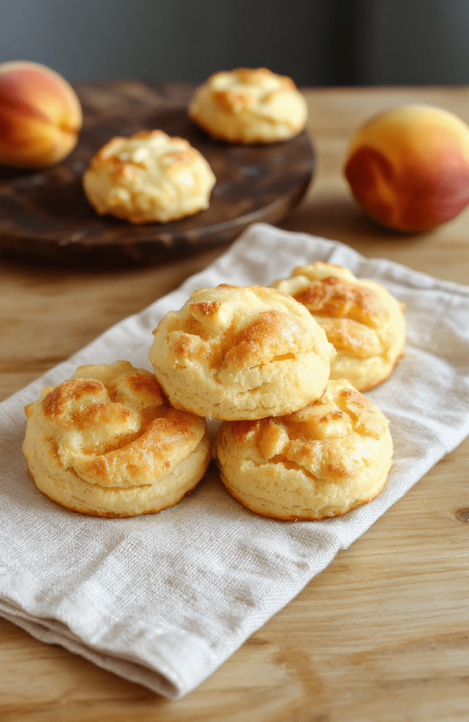 Golden-brown, fluffy biscuit halves topped with dollops of glossy peach butter, placed on a rustic wooden board. Light steam rises from the warm biscuits, and a dusting of powdered sugar adds texture. A drizzle of peaches and a sprig of fresh mint rest nearby.