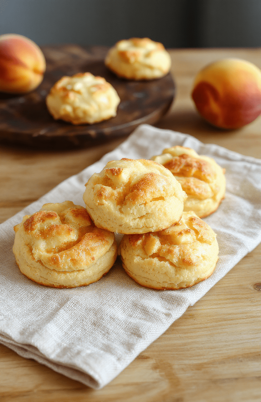 Golden-brown, fluffy biscuit halves topped with dollops of glossy peach butter, placed on a rustic wooden board. Light steam rises from the warm biscuits, and a dusting of powdered sugar adds texture. A drizzle of peaches and a sprig of fresh mint rest nearby.