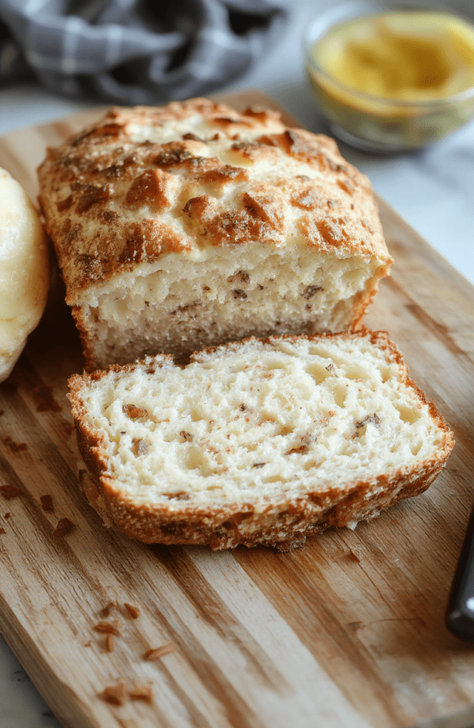 A golden-brown, dome-shaped loaf of keto yogurt bread on a rustic wooden cutting board, sliced to reveal a soft, airy crumb with tiny air pockets and a slight crust. A drizzle of melted butter glistens on the top slice, with fresh rosemary sprigs and coarse sea salt scattered nearby on the board.