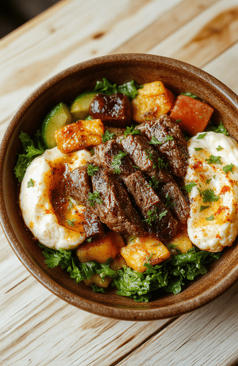 A vibrant Mediterranean steak bowl on a rustic wooden board: seared sliced steak topped with quinoa, cherry tomatoes, cucumber, kalamata olives, red onion, chickpeas, and crumbled feta cheese. A dollop of hummus sits in the corner, garnished with olive oil and oregano. Bright natural light highlights fresh textures and colors.
