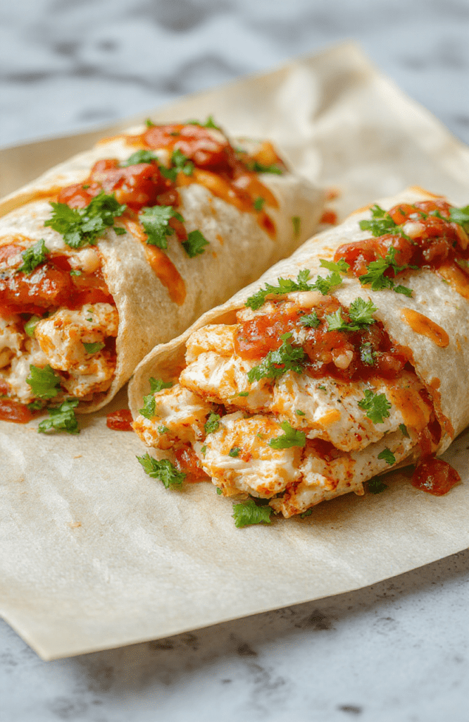 Vibrant fresh Southwest chicken wrap held in paper wrapper, stuffed with grilled chicken strips, colorful bell peppers, red onions, black beans, corn, avocado slices, shredded lettuce, and melted cheese, on a clean white paper tray with a side of lime wedge and cilantro sprig.