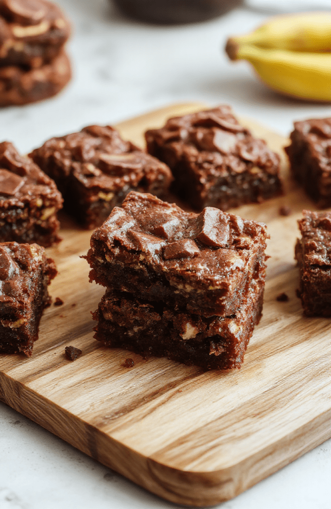 A square of fudgy banana bread brownies resting on a rustic wooden cutting board, showing a rich dark brown surface with a crackled top, visible banana streaks, and a soft, moist interior. A light dusting of powdered sugar highlights the texture. The background is softly blurred natural wood grain.