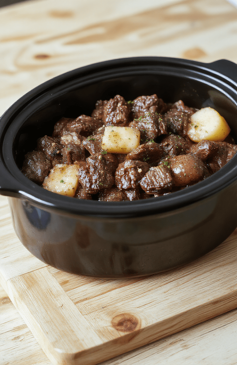 A rustic ceramic crock with tender, golden-brown beef chunks and halved baby potatoes simmering in a glossy garlic butter sauce, flecked with fresh parsley and garnished with lemon zest, served in the pot with a side of crusty bread on a wooden board, soft natural lighting, shallow depth of field focus on the rich textures.