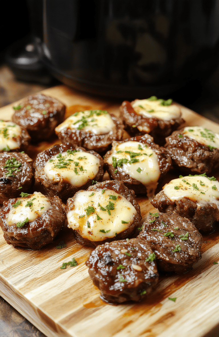 Crispy golden-brown tender garlic butter steak bites arranged on a white ceramic plate, glistening with rich brown butter sauce and fresh chopped parsley, served with roasted garlic cloves and a side of bright green broccoli florets on a light wood cutting board in自然 daylight with soft shadows.