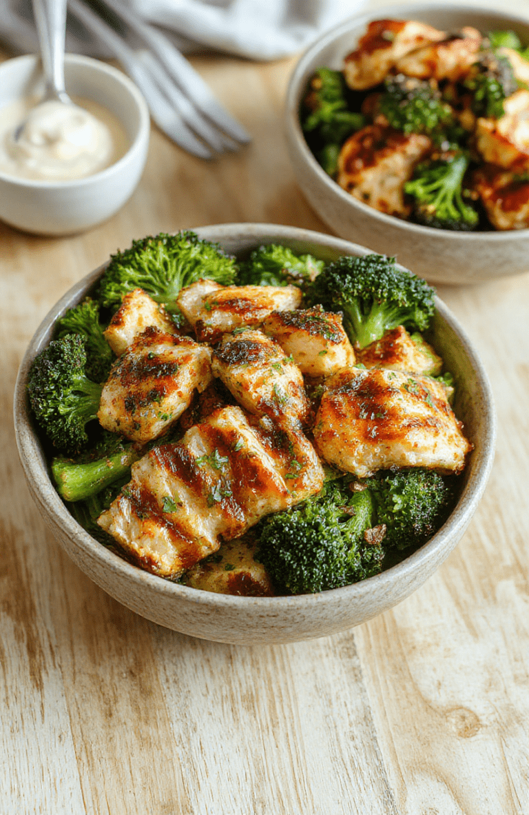 Juicy grilled garlic chicken breasts sliced on a white ceramic bowl with vibrant steamed broccoli florets, lightly charred edges, glistening with olive oil and garlic glaze, served over fluffy white rice, garnished with fresh parsley and lemon wedge, on a rustic wood board, natural daylight, casual plating, no text.