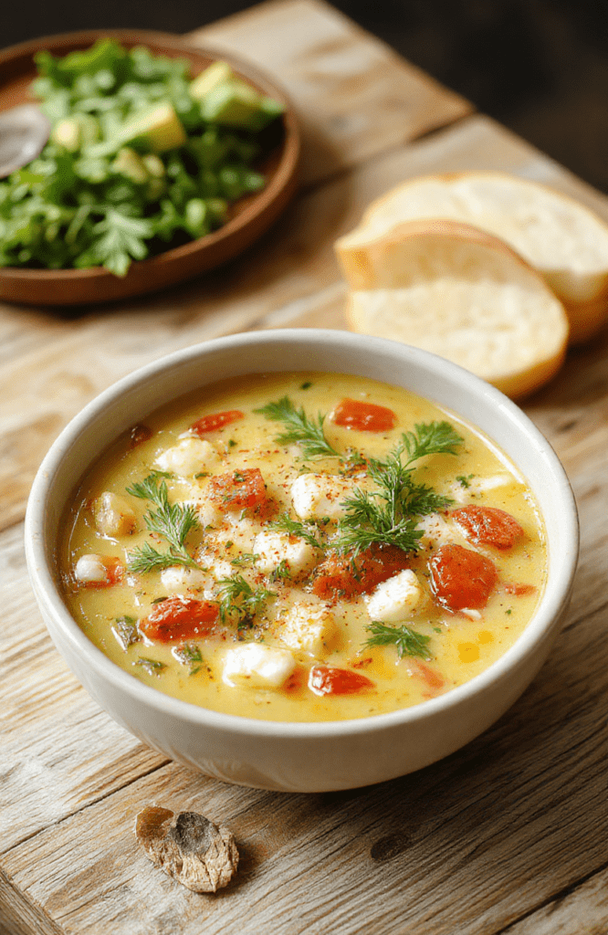 A rustic ceramic bowl of Healthy Greek Healing Soup filled with vibrant ingredients: tender shredded chicken, colorful diced carrots and zucchini, creamy white beans, chopped kale, and fragrant dill, all swimming in a golden broth with lemon zest floating on top. Fresh lemon wedge on the rim and a sprig of dill beside the bowl. Natural sunlight highlights the warm colors and creamy textures against a light wood tabletop.