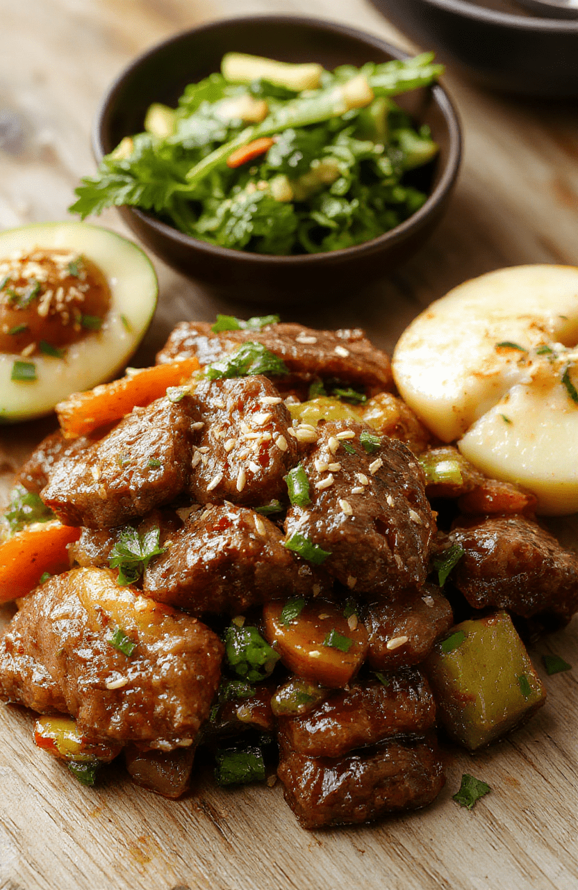 Sizzling beef strips and crisp vegetables in a glossy soy-ginger glaze served in a rustic ceramic bowl on a wooden table, with steam rising, garnished with sesame seeds and sliced green onions, natural daylight, shallow depth of field, vibrant colors and varied textures