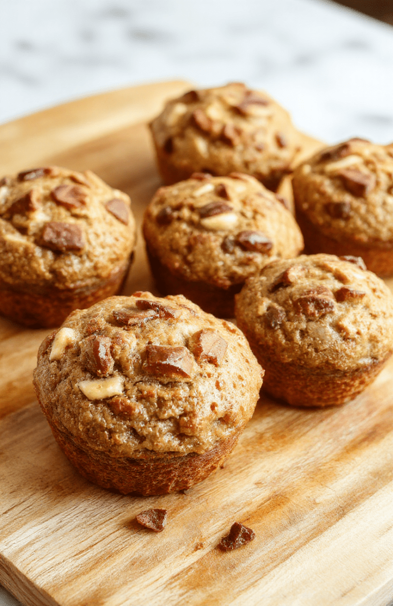 Three rustic golden-brown banana muffins with cracked tops on a parchment-lined cooling rack, dusted with coconut sugar and flaky sea salt, beside a sliced ripe banana and fresh blueberries on a light maple wood cutting board with soft natural light and shallow depth of field