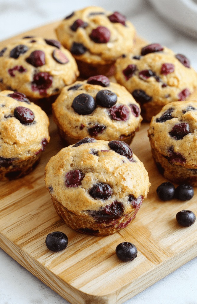 Moist, golden-brown blueberry muffins with domed tops, studded with plump fresh blueberries, resting on a rustic wooden cutting board. A light dusting of turmeric-spiced powdered sugar adds subtle contrast and visual warmth against the soft crumb. Natural daylight highlights the berries' vibrant purple-pink hues and the muffins' tender, flaky crust.