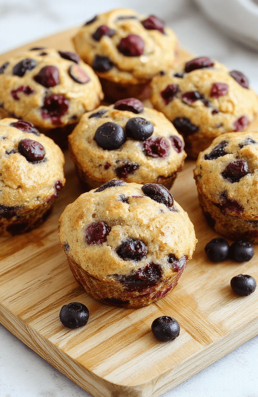 Moist, golden-brown blueberry muffins with domed tops, studded with plump fresh blueberries, resting on a rustic wooden cutting board. A light dusting of turmeric-spiced powdered sugar adds subtle contrast and visual warmth against the soft crumb. Natural daylight highlights the berries' vibrant purple-pink hues and the muffins' tender, flaky crust.