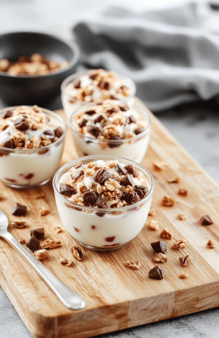Colorful frozen yogurt granola cups arranged on a wooden tray, topped with fresh mixed berries, honey drizzle, and crunchy granola clusters, served in cute paper liners with a spoon resting beside them