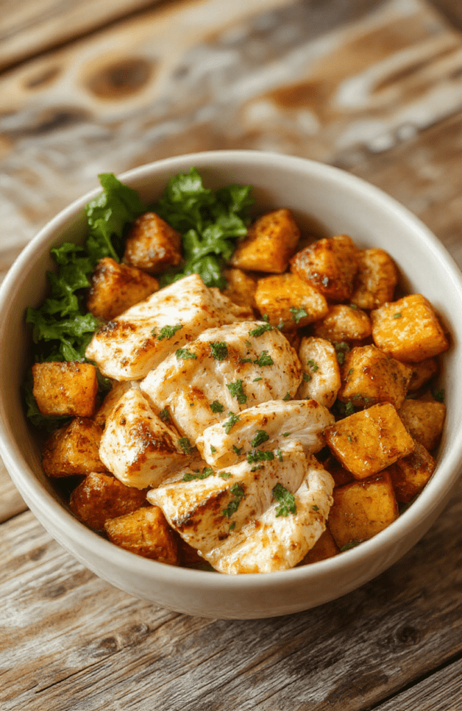 A vibrant healthy bowl with grilled chicken breast slices, roasted sweet potato cubes, fresh kale, cherry tomatoes, avocado slices, and drizzled tahini dressing, served on a rustic wooden board in natural light.