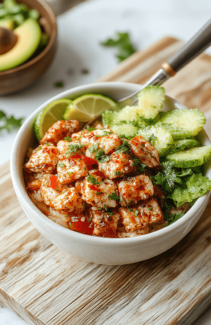 Vibrant healthy spicy tuna bowl topped with sliced avocado, edamame, sliced scallions, and sesame seeds, served over cauliflower rice in a rustic ceramic bowl against a light wooden tabletop with soft natural daylight and subtle shadows.