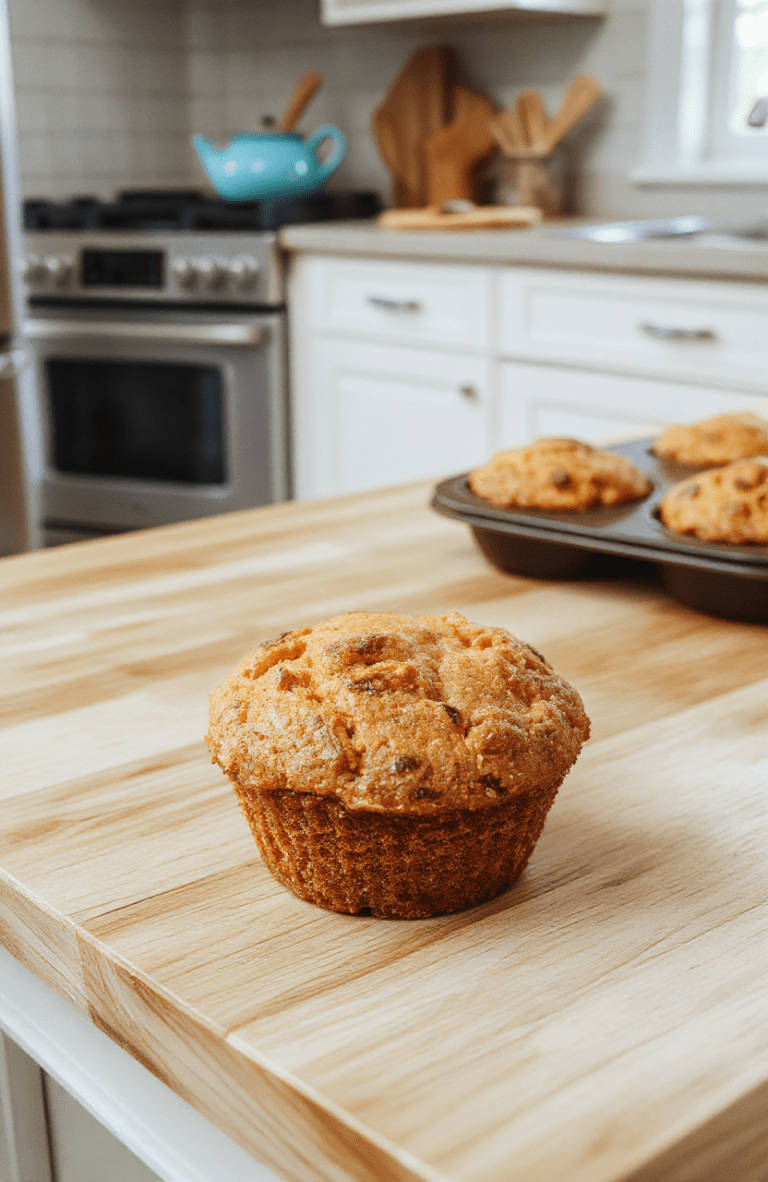 Golden-brown sweet potato muffins with a tender crumb and subtle caramelized top, placed on a rustic ceramic plate beside a dusting of cinnamon and fresh pecan halves, on a light oak kitchen counter with soft natural light.
