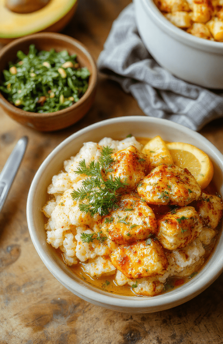 Golden turmeric chicken pieces nestled beside fluffy saffron-hued brown rice and steamed broccoli, garnished with fresh cilantro and a squeeze of lemon, served on a rustic wooden board with subtle smoke and natural lighting