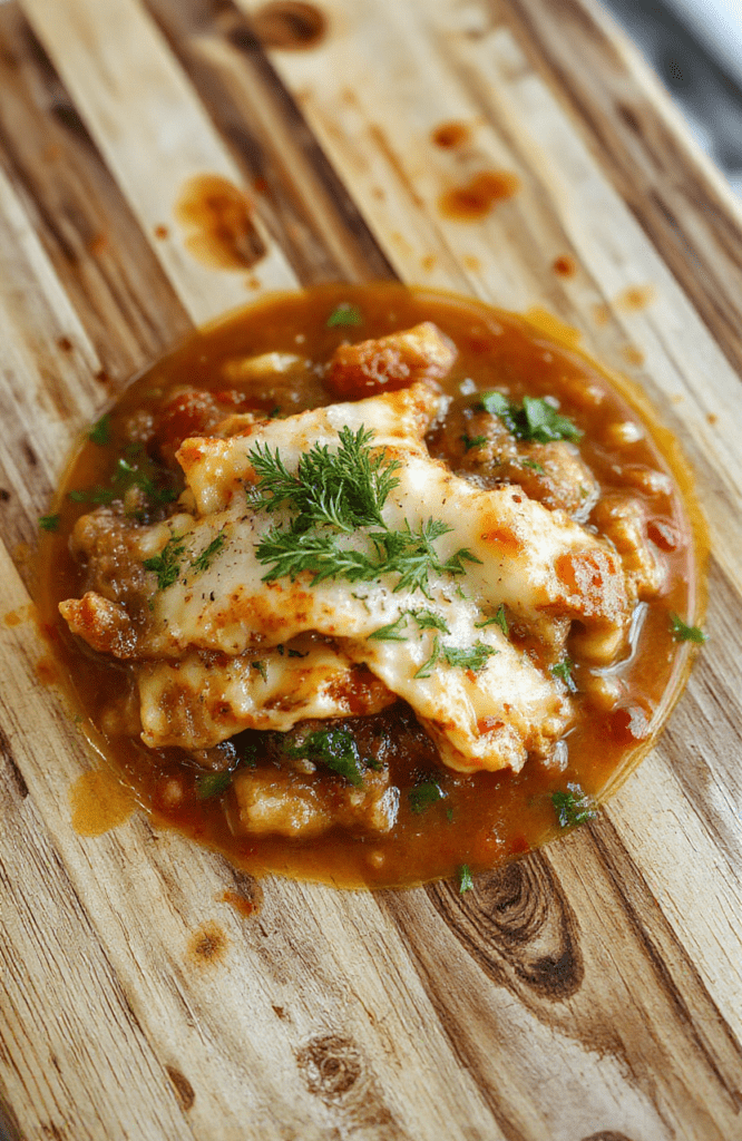 Hearty healthy vegetarian lasagna soup in a rustic white ceramic bowl, garnished with fresh basil, melted mozzarella clings, and a swirl of ricotta. Layers of vibrant red tomato broth, golden zucchini, tender kale, and visible lasagna noodle pieces create texture and color contrast against a light wooden table background.