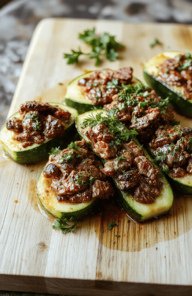 Two golden-brown halved zucchinis hugging savory seasoned ground beef mixture with melted mozzarella, garnished with fresh parsley and cherry tomatoes, placed on a rustic wooden cutting board with visible onion and garlic bits.