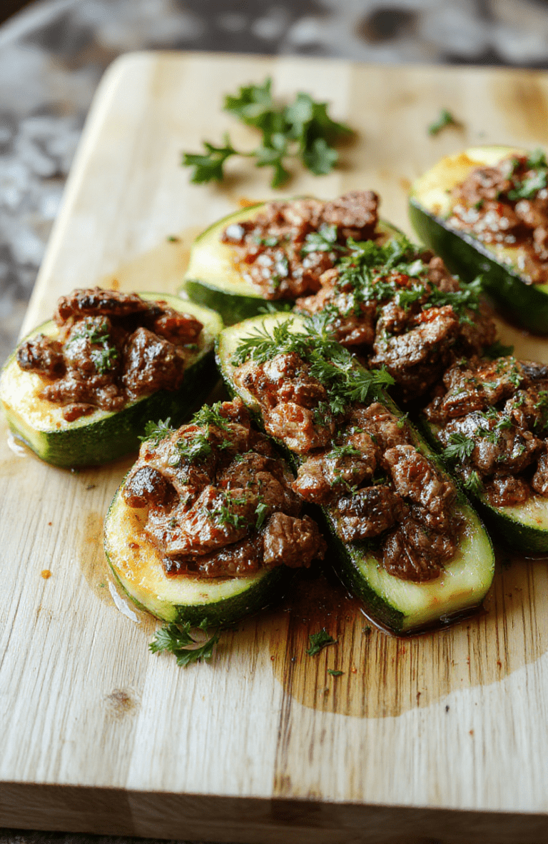 Two golden-brown halved zucchinis hugging savory seasoned ground beef mixture with melted mozzarella, garnished with fresh parsley and cherry tomatoes, placed on a rustic wooden cutting board with visible onion and garlic bits.