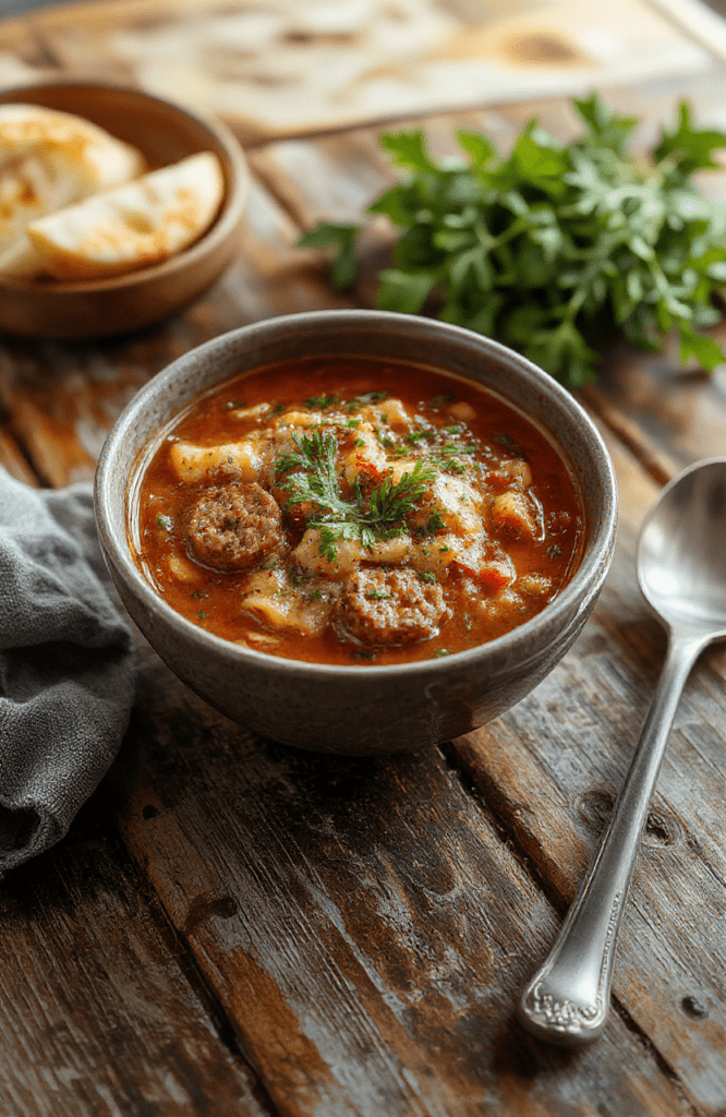 A steaming bowl of rustic Italian sausage pasta soup with tender pasta, crumbled savory Italian sausage, colorful diced tomatoes, kale leaves, and a swirl of olive oil, garnished with fresh parsley and cracked black pepper.