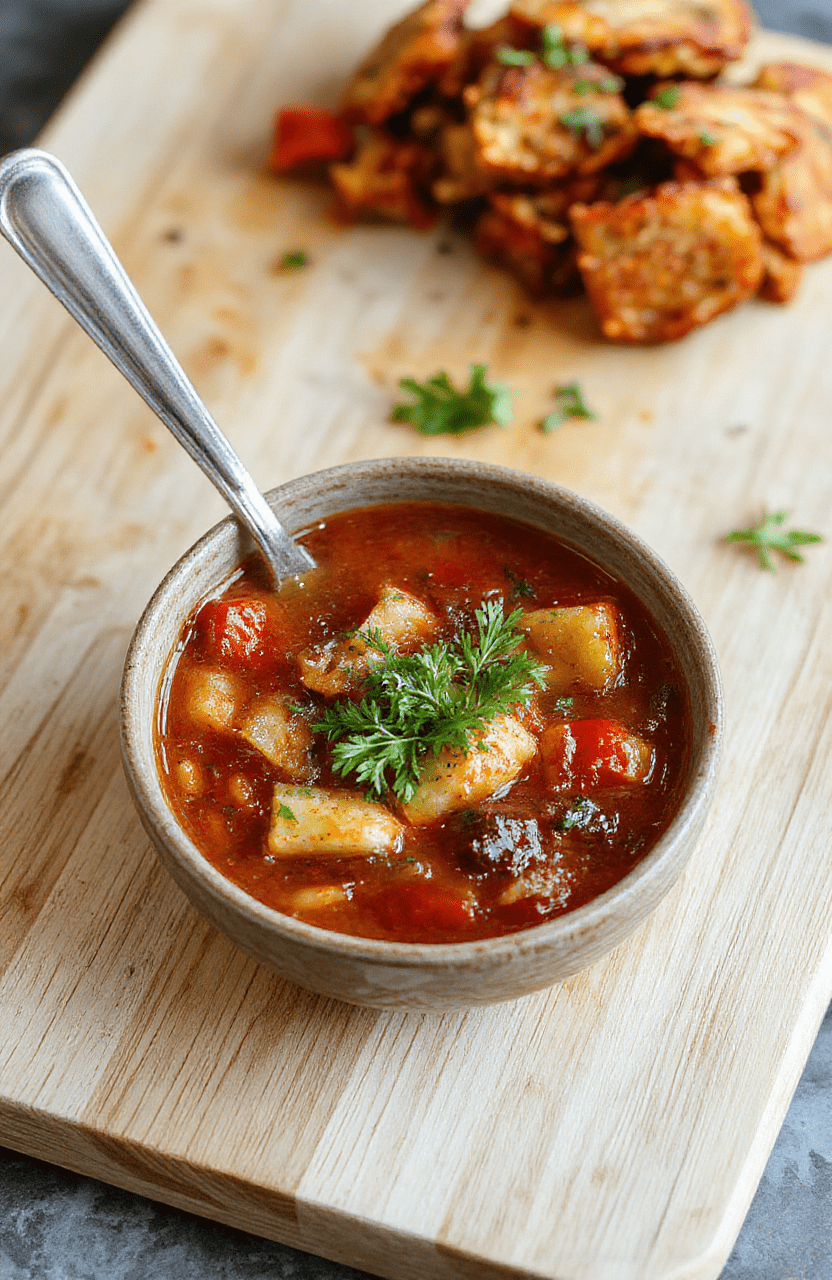A steaming bowl of rich ratatouille soup featuring vibrant colors of zucchini, eggplant, bell peppers, and tomatoes, all simmered in a fragrant herb-infused broth, garnished with fresh basil and a drizzle of olive oil, served in a rustic ceramic bowl against a light wooden table.