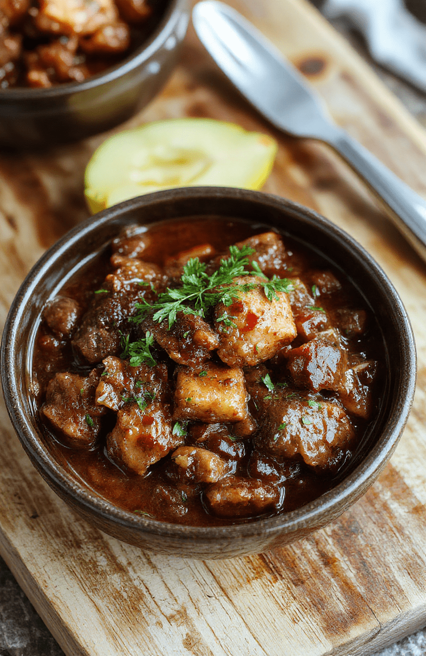 A steaming bowl of rich, dark brown hearty venison chili topped with shredded sharp cheddar cheese, fresh cilantro leaves, diced red onion, and a dollop of sour cream, served in a rustic ceramic bowl on a wooden cutting board with a side of cornbread)