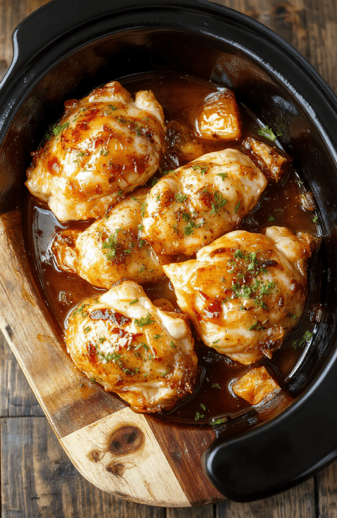 Golden-brown sticky honey garlic chicken thighs glistening with glossy glaze, served on a simple white ceramic plate with sides of steamed jasmine rice and roasted broccoli, garnished with sesame seeds and sliced green onions, captured in natural daylight with soft shadows and shallow depth of field.