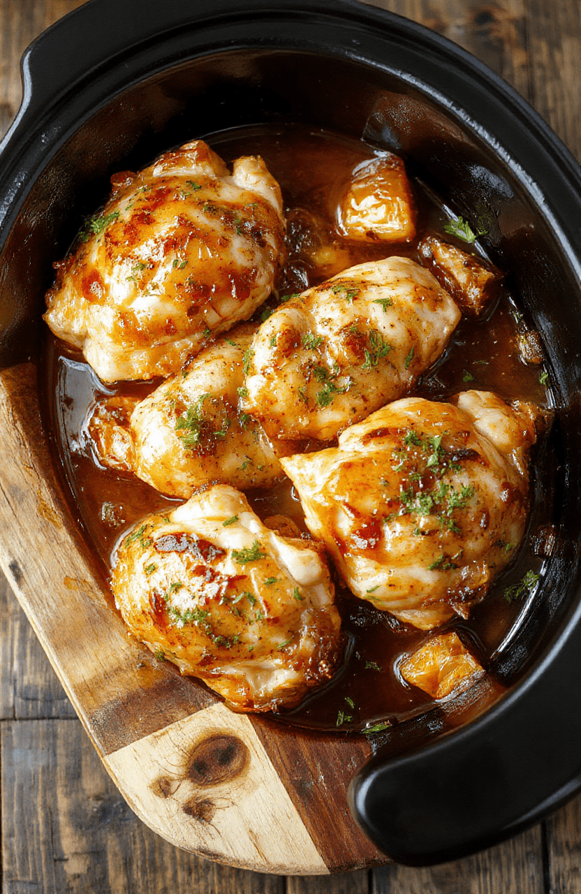 Golden-brown sticky honey garlic chicken thighs glistening with glossy glaze, served on a simple white ceramic plate with sides of steamed jasmine rice and roasted broccoli, garnished with sesame seeds and sliced green onions, captured in natural daylight with soft shadows and shallow depth of field.