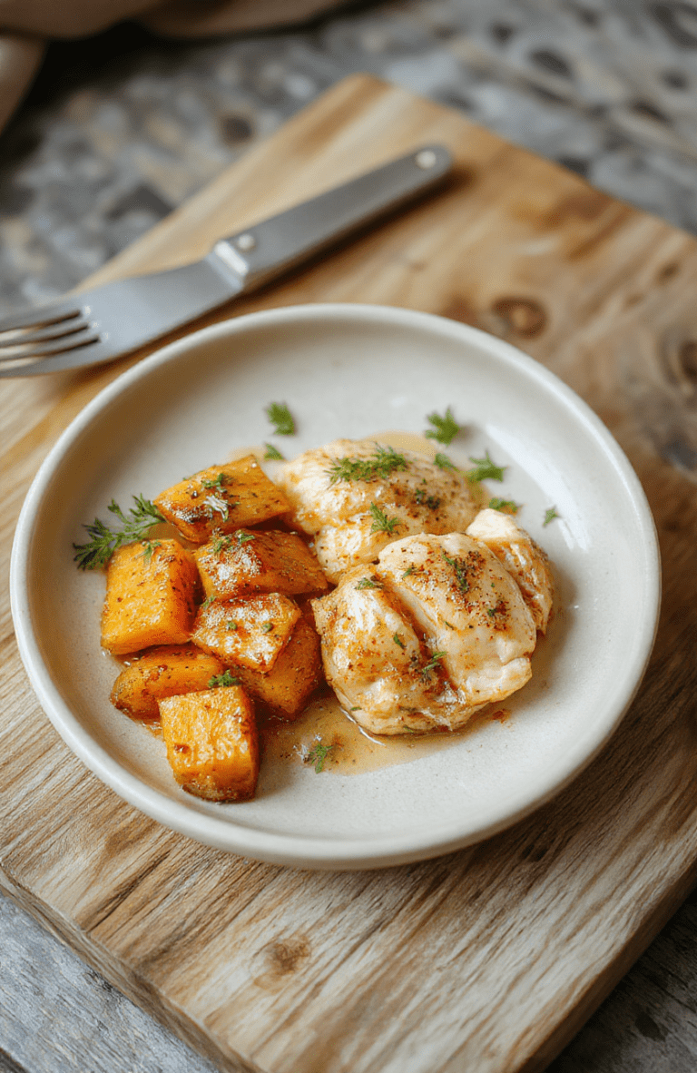 A rustic white ceramic plate featuring golden-breadcrumb-crusted roasted chicken thighs and caramelized sweet potato wedges, glistening with sticky honey garlic glaze, garnished with fresh chopped parsley and a light dusting of black pepper, against a backdrop of a light wood cutting board with minimal props.
