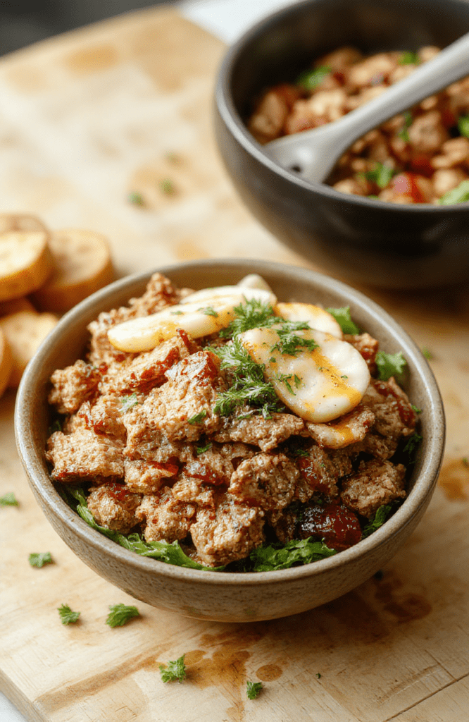 A vibrant bowl of fluffy jasmine rice topped with juicy honey garlic ground turkey, glistening with sticky-sweet glaze, scattered with toasted sesame seeds, thinly sliced green onions, and a side of steamed broccoli florets.