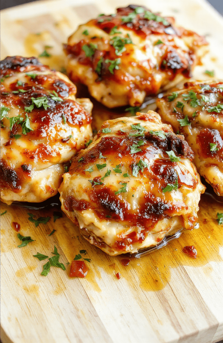 Golden-brown, glistening baked chicken thighs on a simple white ceramic plate, garnished with fresh rosemary sprigs and lemon wedges, resting on a rustic wooden cutting board with light wood grain and soft shadows. Juices pool slightly around the edges, skin is crisp and blistered in spots, meat is tender and pale pinkish-white where torn slightly.