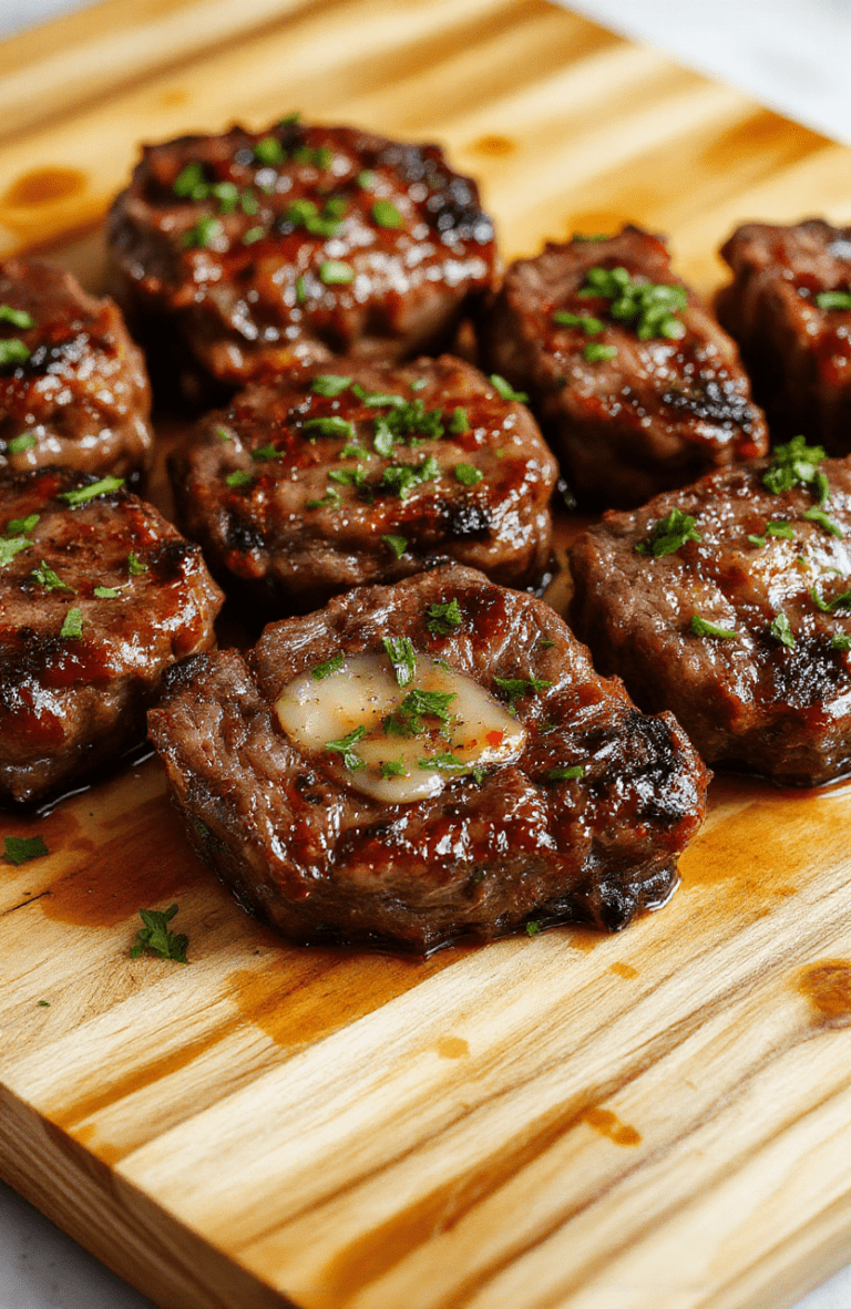 Glistening, golden-brown garlic butter steak bites on a white ceramic plate, garnished with fresh flat-leaf parsley and light smoke trails, resting on a rustic wooden cutting board with cloves of roasted garlic and a drizzle of glossy garlic butter sauce