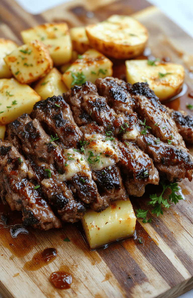 Juicy thicker-cut ribeye steak glistening with golden garlic butter sauce, resting atop crispy roasted baby potatoes with smashed edges, scattered with fresh parsley and light char marks on a rustic wooden board, soft natural light casting gentle shadows, close-up centered framing with empty lower third for text overlay