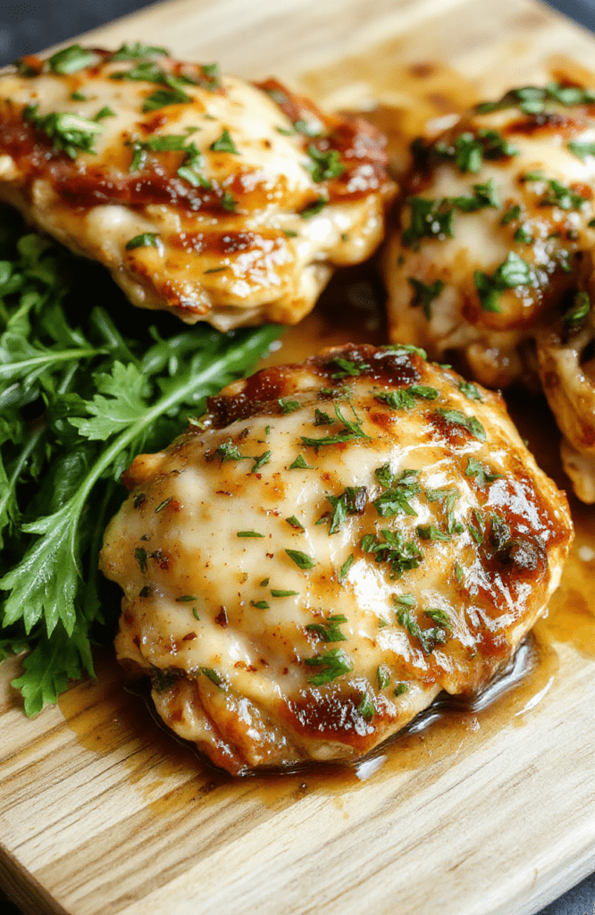 Golden-brown, glistening chicken thighs glistening with marinade glaze, resting on a rustic wooden cutting board, surrounded by fresh rosemary sprigs, minced garlic, and lemon wedges, with subtle char marks and juicy texture visible on the meat