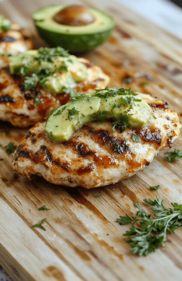 A vibrant plate featuring two grilled chicken breasts with grill marks, topped with creamy sliced avocado and a drizzle of lime-cilantro dressing, served beside a side of charred broccoli and roasted cherry tomatoes on a rustic wooden board.
