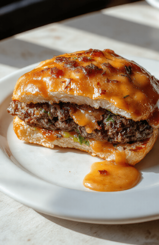 A double-stack grilled cheese sandwich holding a thick, juicy beef patty, melted Swiss and cheddar cheese oozing on both sides, topped with caramelized onions and pickles, served on a white ceramic plate with a side of secret sauce in a small ramekin.