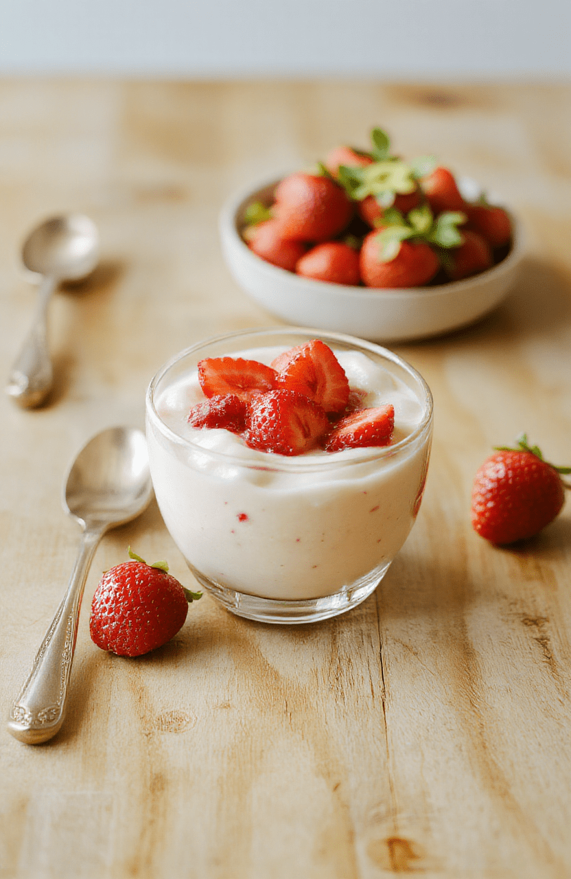 A delicate, pale pink strawberry mousse in a glass dessert cup, topped with fresh whole strawberries and Mint leaf, served on a light oak wooden table with soft natural daylight and subtle grain texture visible.