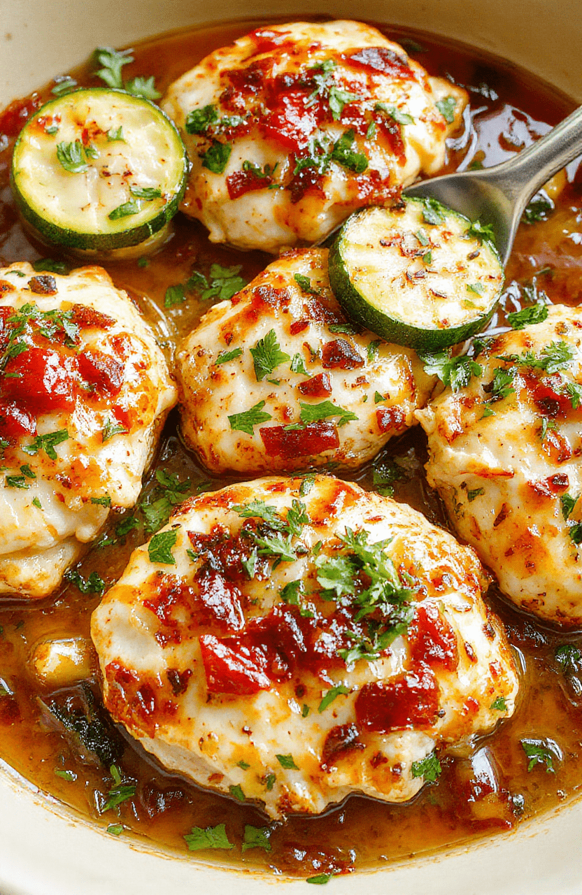 Golden-brown Mediterranean chicken thighs and sliced zucchini arranged on a rustic ceramic baking dish, drizzled with lemon-herb olive oil, sprinkled with fresh parsley, cherry tomatoes, and kalamata olives, served rustic-style on a wooden cutting board with soft shadows and natural lighting.