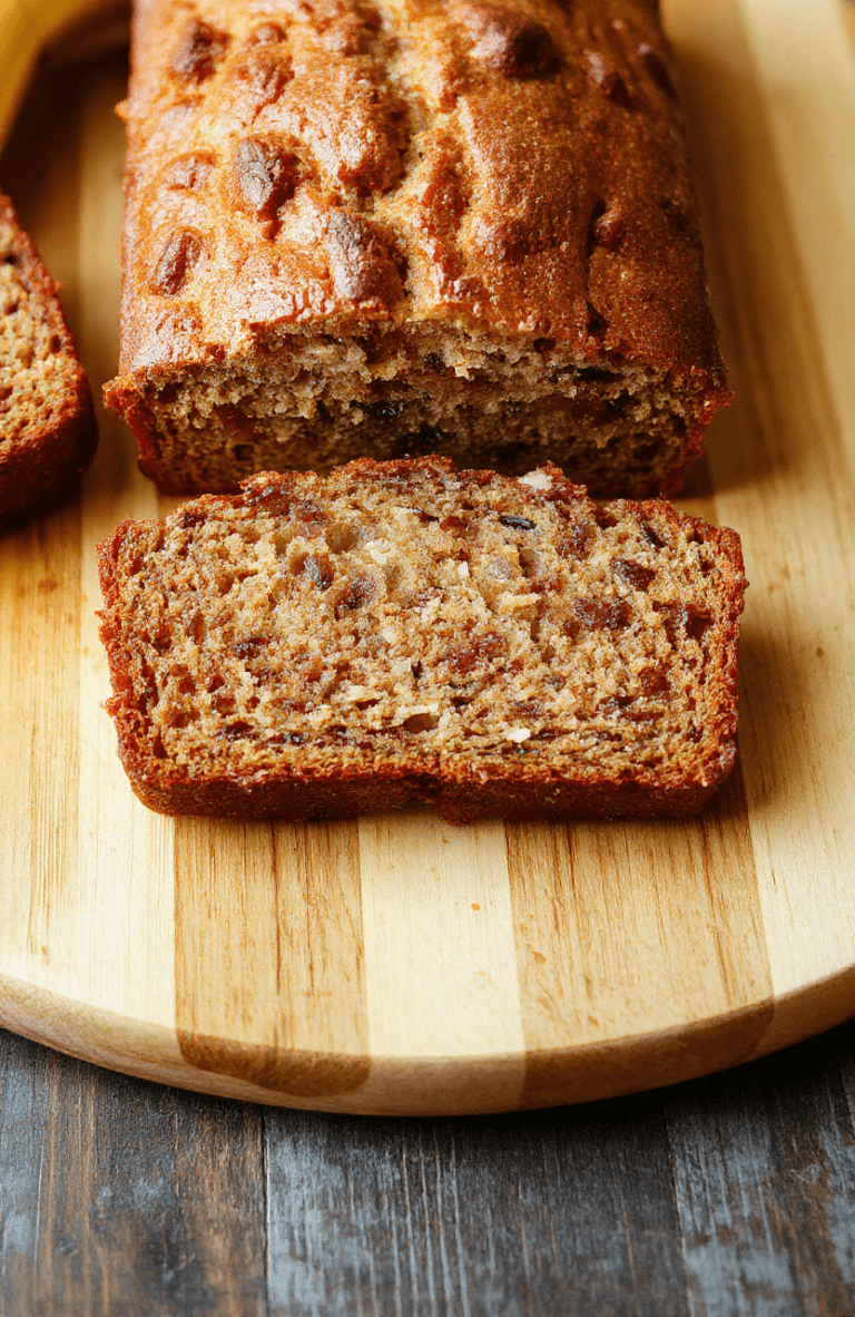 A golden-brown, gently domed banana bread loaf on a wooden cutting board, sliced to reveal a moist, tender crumb with flecks of banana and brown sugar, dusted lightly with powdered sugar, placed beside a ripe bunch of bananas and a mixing bowl with eggs.