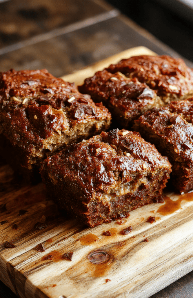 A freshly baked loaf of golden-brown banana bread with a crackled crust, sliced and fanned out on a rustic wooden cutting board, displaying a moist, tender crumb with visible banana pieces and flecks of cinnamon. A few banana slices adorn the side, and a dusting of powdered sugar adds a soft finish. Natural light highlights the texture and warmth.
