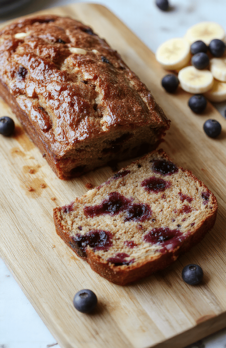 A beautifully golden brown loaf of blueberry banana bread resting on a rustic wooden cutting board, sliced to reveal a tender, moody crumb studded with plump fresh blueberries and bursts of caramelized banana. Small crumbs and whole berries surround the loaf, dusted lightly with powdered sugar. Natural daylight streams in softly, casting gentle shadows.