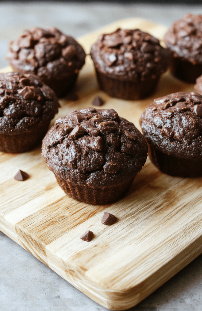 Three golden-brown chocolate banana muffins with domed, slightly crispy tops and soft, moist crumb interiors, studded with rich chocolate chips and banana chunks, sitting in a classic paper-lined muffin tin on a rustic wooden board, with a scatter of chopped bananas and mini chocolate chips nearby.