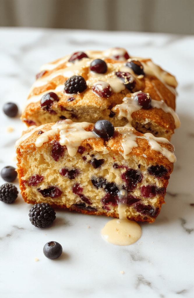 A golden-brown lemon blueberry loaf cake on a white ceramic plate, topped with a glistening lemon glaze drizzle, fresh blueberries nestled in the top, and crumbly texture visible on the sliced edge. Soft natural daylight highlights the moist crumb and vibrant purple-blue bursts.